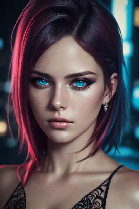 beautiful pale cyberpunk female with heavy black eyeliner, blue eyes, shaved side haircut, hyper detail, cinematic lighting, mag...
