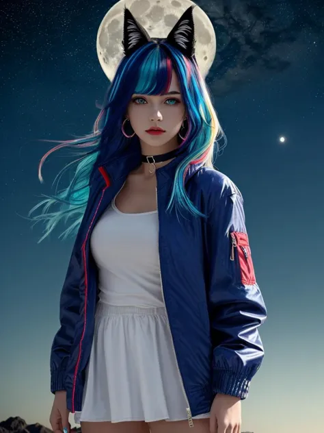 a close up of a person with blue hair and a cat ear