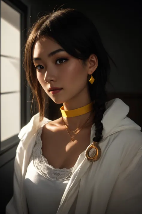 <lora:choi-tamako-01:0.6> choi mochimazzi, 1girl, earrings, choker, sidelocks
beautiful woman, detailed eyes, long eyelashes, eyeshadow, hot colors, (yellow, red),
(masterpiece), (best quality), 21 yo woman, large breasts, nsfw, hetero,, photorealistic, photograph, photo, dlsr, FujiFilm, extremely high detail, (volumetric lighting), (dynamic lighting), godrays, Rembrandt lighting, real shadows, intricate detail