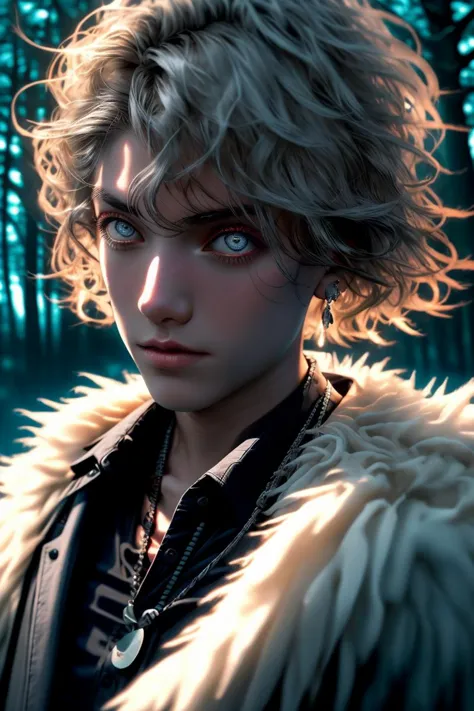 (life-size-body)
1boy, male with grey eyes ((also extremely detailed)), short hair, messy hair, white hair, bracelets, black shirt, black jeans, white-fur coat, close to viewer, close up to face, beautiful face, dark, night, Night sky, dark woods, fog
<lora:beautiful detailed eyes:0.7>
<lora:Furtastic_Detailer:1>
<lora:midjourney_20230624181825:0.8> midjourney