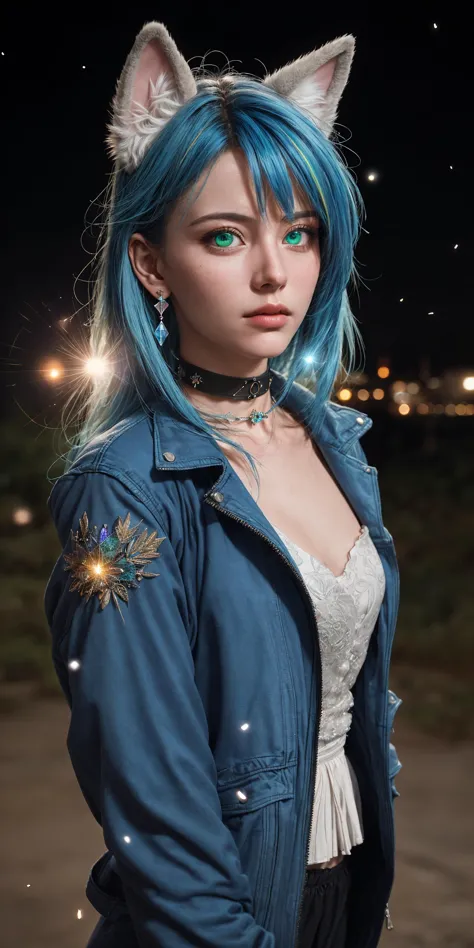 50mm lens
aperture opening of f/4.0
(1girl, surreal beauty), (multicolored hair:1.2), (blue hair:1.2), long hair, streaked hair, halo, looking at viewer, (blue jacket:1.2), animal ears, delicate green eyes, earring, choker, upper body, floating hair, open jacket
night, full moon (symmetrical), outdoors, intricate details, hdr, intricate details, Detailed Fluffy Fur, hyperdetailed, natural fur texture, hyperrealism, sharp
(hyperrealistic, cinematic light, depth of field, lens flare, prism particles)
\\ Made with ONE FOR ALL checkpoint by Chaos Experience @ https://civitai.com/user/ChaosExperience/ \\