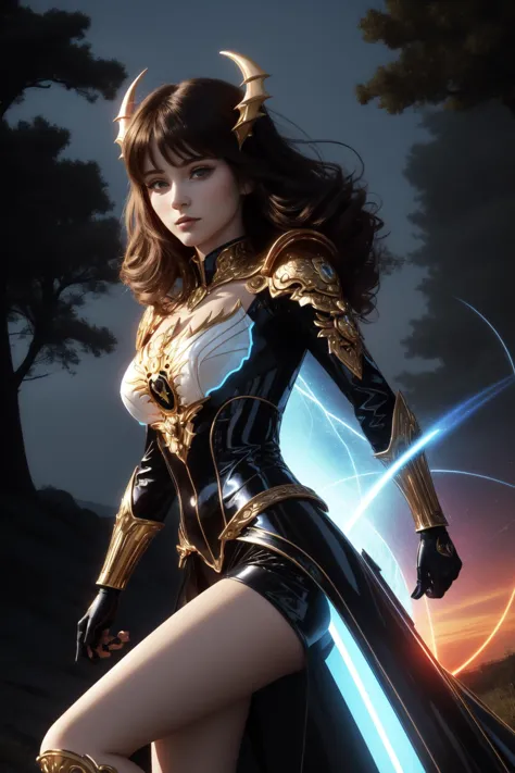 a woman in a black and gold outfit with a sword