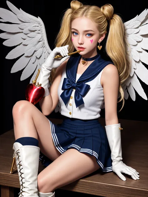 1girl, blonde hair, blue eyes, blue sailor collar, boots, brooch, choker, closed mouth, crescent, crescent earrings, crescent facial mark, double bun, earrings, elbow gloves, facial mark, forehead mark, gloves, hair bun, hair ornament, heart brooch, heart choker, holding, holding staff, holding wand, jewelry, knee boots, layered skirt, long hair, looking at viewer, magical girl, miniskirt, multicolored clothes, multicolored skirt, parted bangs, sailor collar, sailor senshi uniform, skirt, solo, staff, twintails, very long hair, white footwear, white gloves, white wings, wings, detailed eyes, detailed face, detailed hair, specular highlights
\\ Made with ONE FOR ALL checkpoint by Chaos Experience @ https://civitai.com/user/ChaosExperience/ \\