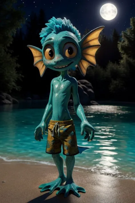 a cartoon character with blue hair and yellow shorts stands on the beach