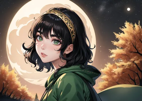 a close up of a person with a headband in front of a full moon