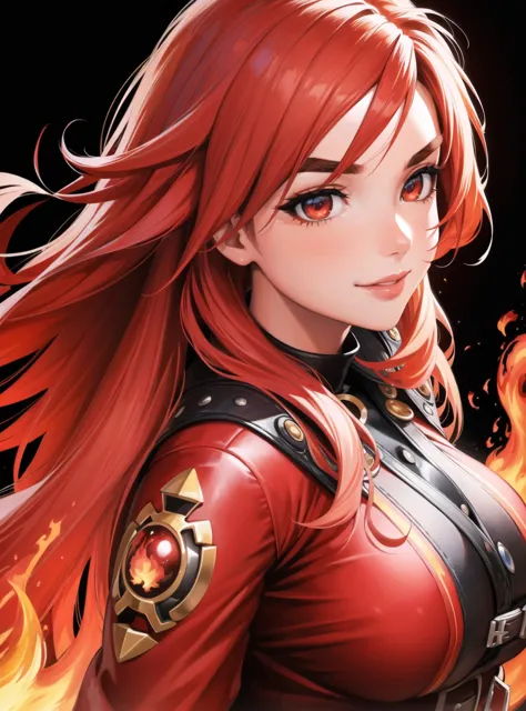 a woman with long red hair and a red jacket is standing in front of a fire