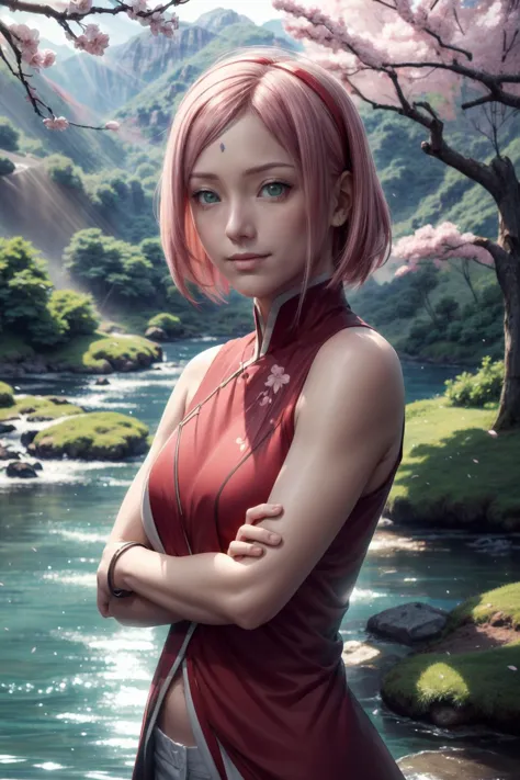 a woman with pink hair and a red top standing in front of a river