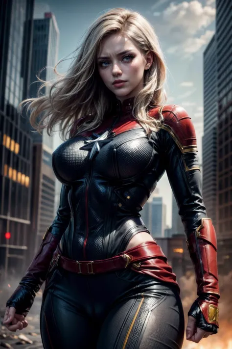 a woman in a black and red suit standing in front of a city