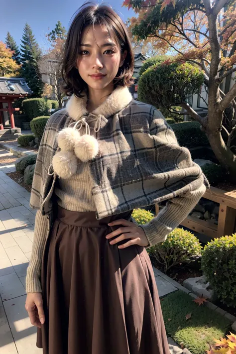 a woman standing in a garden wearing a brown skirt and a sweater