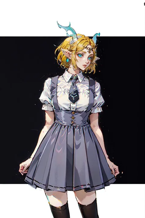 <lora:dating_attire_style4_v1:0.55> cyb dress, cyb shirt, cyb skirt, necktie, suspender skirt, suspenders, <lora:lightdragon:0.8> lightdragon, princess zelda, dragon girl, blonde hair, horns, short hair, animal ears,, ultra detailed, masterpiece, best quality, aesthetic, detailed,