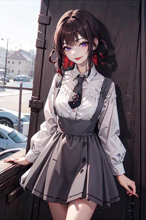 anime girl in a gray dress leaning against a window