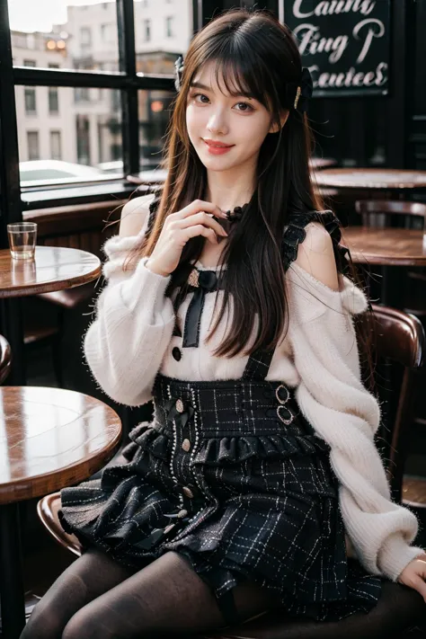 a close up of a woman sitting on a chair in a restaurant