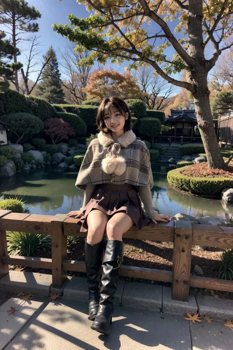 a woman sitting on a bench in a park with a pond