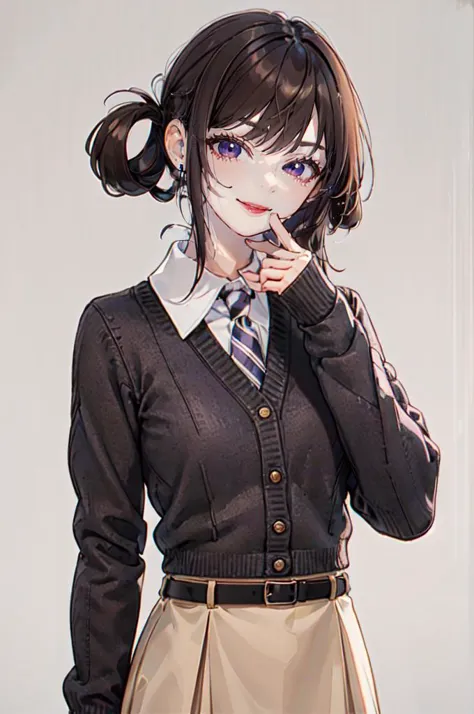 <lora:dating_attire_style2_v2:0.55> dating attire, sweater jacket, necktie, collared shirt, brown skirt, belt,, ultra detailed, masterpiece, best quality, aesthetic, detailed,, solo, seductive smile, red lips,
1girl, purple eyes, red hair, blunt bangs, medium breasts, <lora:hair_rings:1> low hair rings, <lora:EllaNyan:1>,