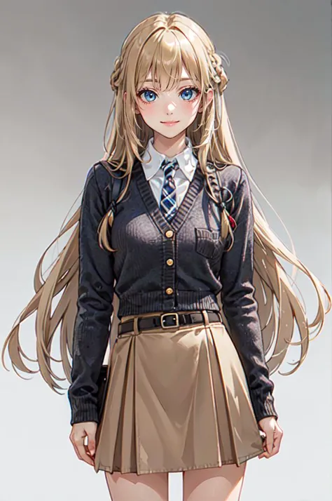 <lora:dating_attire_style2_v2:0.55> dating attire, sweater jacket, necktie, collared shirt, brown skirt, belt,, ultra detailed, masterpiece, best quality, aesthetic, detailed,, solo, soft smile, light smile,
1girl, blue eyes, very long hair, blonde hair, long blonde hair, french braid, bangs, medium breasts,