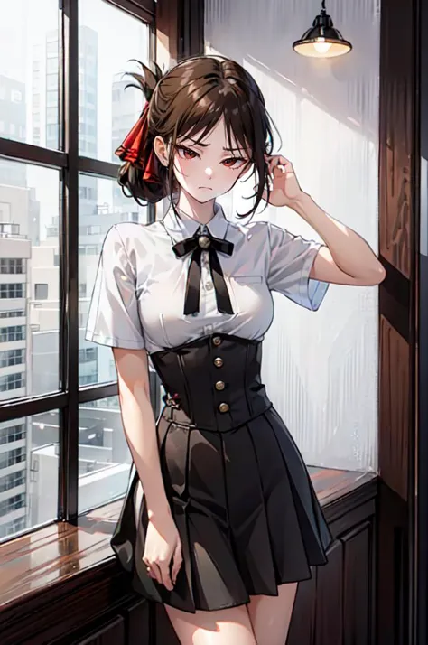 anime girl in a school uniform posing by a window