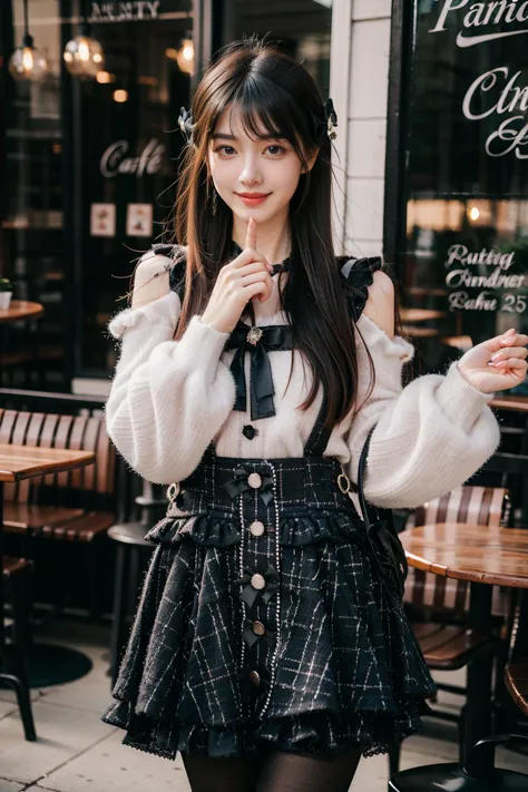 a woman in a white sweater and black skirt standing outside of a restaurant