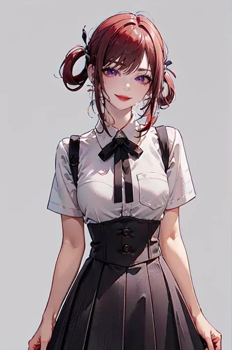 anime girl with red hair and a white shirt and black skirt