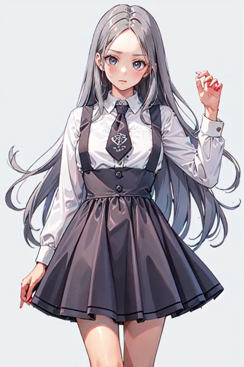 <lora:dating_attire_style4_v1:0.55> cyb dress, cyb shirt, cyb skirt, necktie, suspender skirt, suspenders,, ultra detailed, masterpiece, best quality, aesthetic, detailed,, serious, 1girl, (white eyes:1.1), (grey eyes:1.3), white hair, very long hair, parted hair, parted bangs, <lora:parted_hair_v1.3:1.3>, medium breasts,