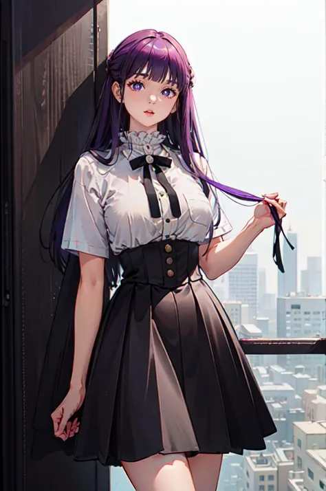 anime girl with purple hair and black dress posing in front of window