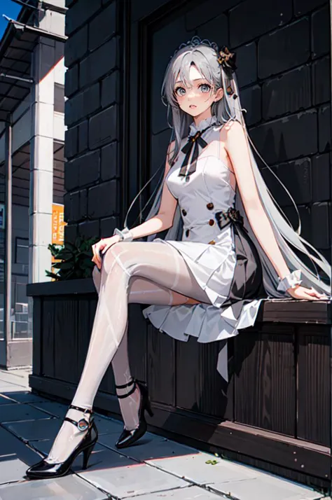 anime - style woman sitting on a bench in a white dress