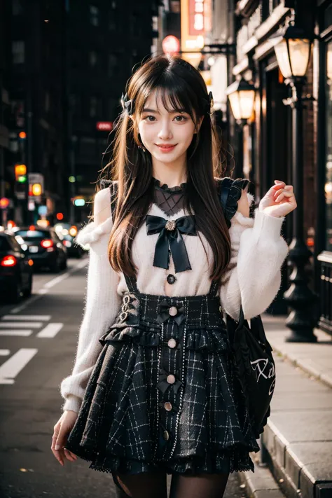 a woman in a black and white dress and a white sweater