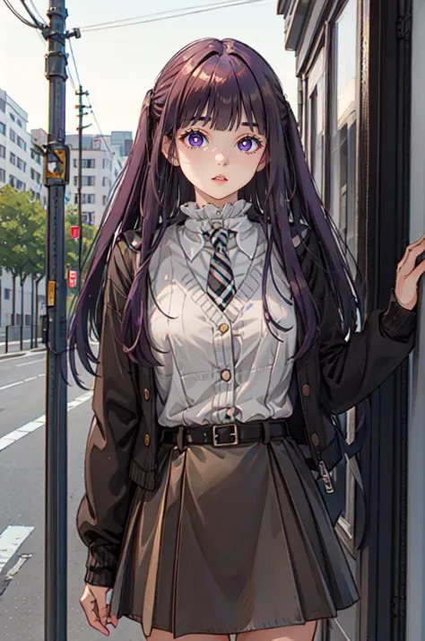 <lora:dating_attire_style2_v2:0.55> dating attire, sweater jacket, necktie, collared shirt, brown skirt, belt,  <lora:Fern:1> FernFrieren, very long hair, purple eyes, (purple pupils),, ultra detailed, masterpiece, best quality, aesthetic, detailed,