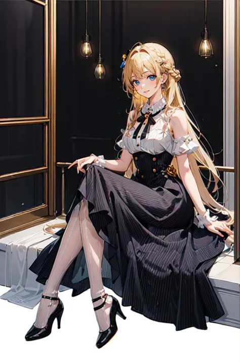 anime girl sitting on a ledge in a black dress