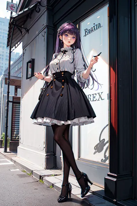 <lora:dating_attire_style3_v1:0.55> dating dress, pantyhose, high heels,  <lora:Fern:1> FernFrieren, very long hair, purple eyes, (purple pupils),, ultra detailed, masterpiece, best quality, aesthetic, detailed,