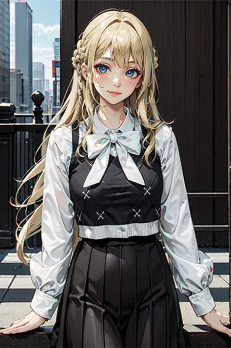 <lora:dating_attire_style1_v1:0.7> dating attire,, ultra detailed, masterpiece, best quality, aesthetic, detailed,, solo, soft smile, light smile,
1girl, blue eyes, very long hair, blonde hair, long blonde hair, french braid, bangs, medium breasts,