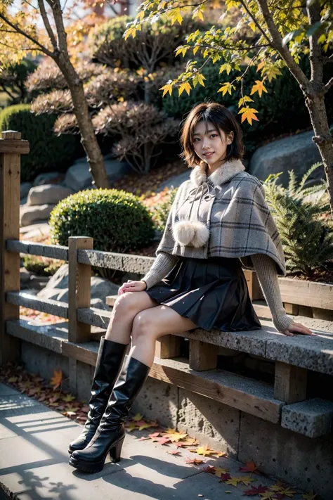 araffe sitting on a bench in a park with a coat over her shoulders