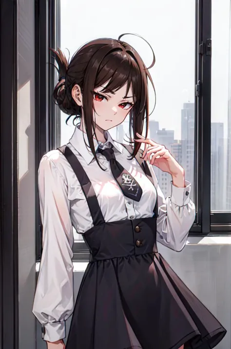 <lora:dating_attire_style4_v1:0.55> cyb dress, cyb shirt, cyb skirt, necktie, suspender skirt, suspenders,, ultra detailed, masterpiece, best quality, aesthetic, detailed,, solo, frown,
1girl, red eyes, <lora:Tsurime3:1>, (tsurime:1.2), (brown hair:1.3), medium hair, (asymmetrical bangs, swept bangs, cowlick:1.35), flipped hair, <lora:foldedponytail:0.8> foldedponytail, folded ponytail, (small breasts:1.3),