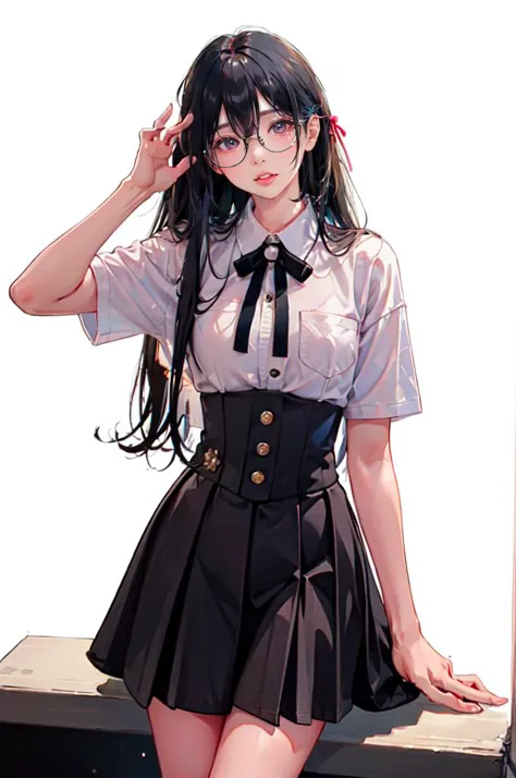 <lora:dating_attire_vol1_style6_v1:0.55> cyb skirt, cyb shirt, high-waist skirt, neck ribbon,  <lora:LIP:1> (LilyPichuTI:0.9), glasses,, ultra detailed, masterpiece, best quality, aesthetic, detailed,