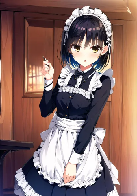 a close up of a woman in a maid outfit holding a cigarette