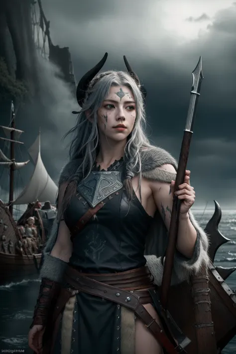 a woman in a viking outfit holding a sword and a boat