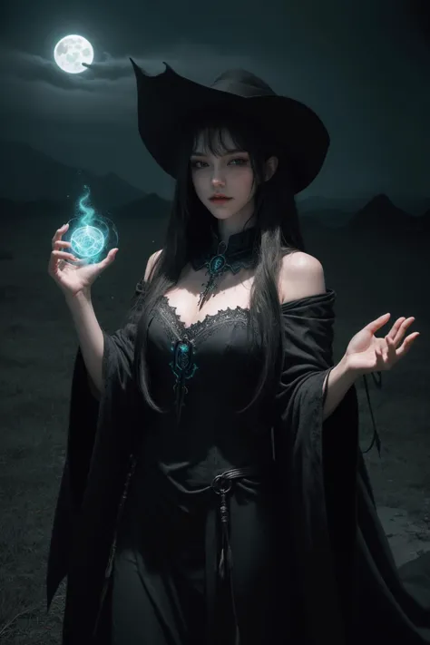 a woman in a black dress and hat holding a crystal ball