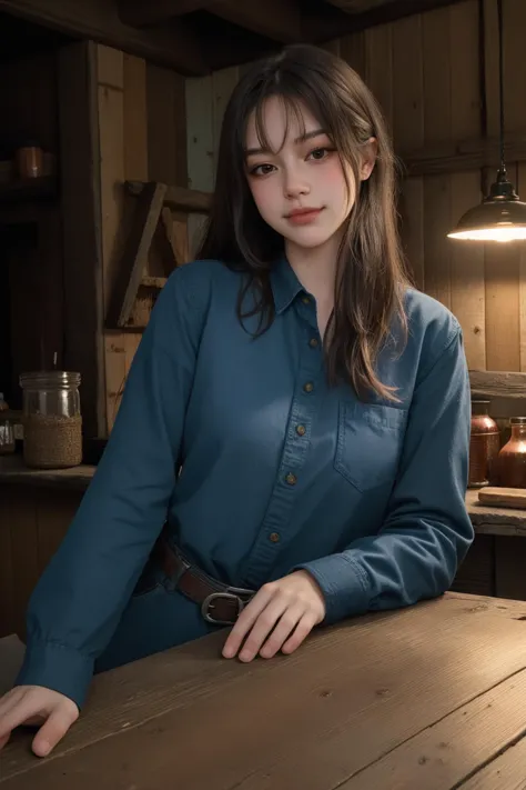 RAW photo, cowboy shot, adult female, portrait, solo, (full body:0.6), looking at viewer, detailed background, detailed face, (<lora:MusketPunkAI:0.6>, MusketPunkAI theme:1.1) smirk, barkeep, simple blue clothes,   rustic bar interior in background, worn out wooden beams, rust, wall-decorations,  hearth, beverage, oil lamps,   fantasy atmosphere,, 105mm professional photography, analog photography, detailed background, sfw, (high detailed skin:1.2), 8k uhd, dslr, soft lighting, high quality, film grain, Fujifilm XT3, <lora:breegirl:1.0>, breegirl, <lora:add_detail:0.3>