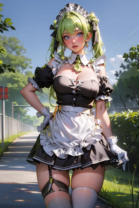 1girl,solo,medium breasts,outdoors,<lora:GoodHands-beta2:1>,(thigh gap:1.2),<lora:0196 NIKKE Soda_v1:0.9>,ruanyi0196,standing,maid headdress,maid apron,white thighhighs,gloves,twintails,apron,(cowboy shot:1.2),, best quality,masterpiece,highres,official art,extremely detailed cg unity 8k wallpaper