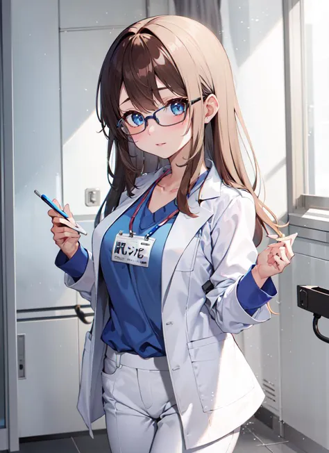 anime character with glasses and a white coat holding a cell phone