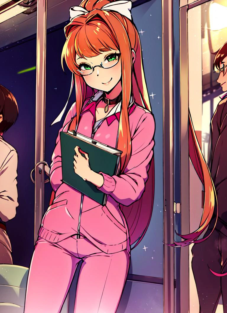 ((best quality)), ((highly detailed)), masterpiece, detailed face, beautiful face, , (1girl), (glasses), dynamic pose, cowboy shot, ((pet collar)), Monika, (green eyes), brown hair, bangs, very long hair, long hair, ponytail, sidelocks, hair bow, white bow, smile, fishnets, fishnet bodysuit, pink scrubs, pants, name tag, holding clipboard, high heels,shrug_(clothing), sunset, (indoors, on a train), 