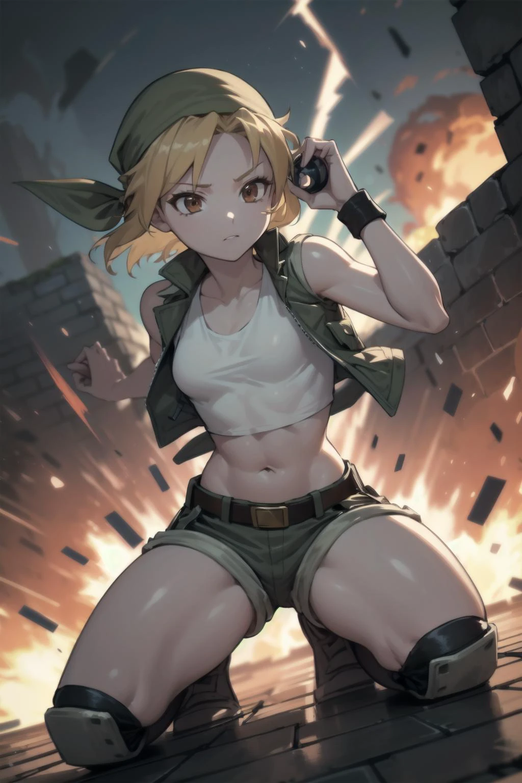 small seins, yeux marrons, EriDef,
cheveux blond, gilet, bandana, seins, shorts, nombril, diaphragme, haut court, ceinture, short court, a, genouillères,
 1fille, seulement, champ de bataille, grenade, angle dynamique, squat, mur de briques, Explosion