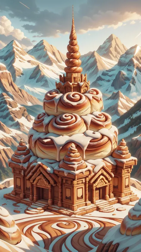 CinnamonBunStyle, un temple au sommet d&#39;une montagne baigné d&#39;une lumière dorée enchantée, (chef-d&#39;œuvre:1.3) (Meilleure qualité:1.2) (Haute qualité:1.1)