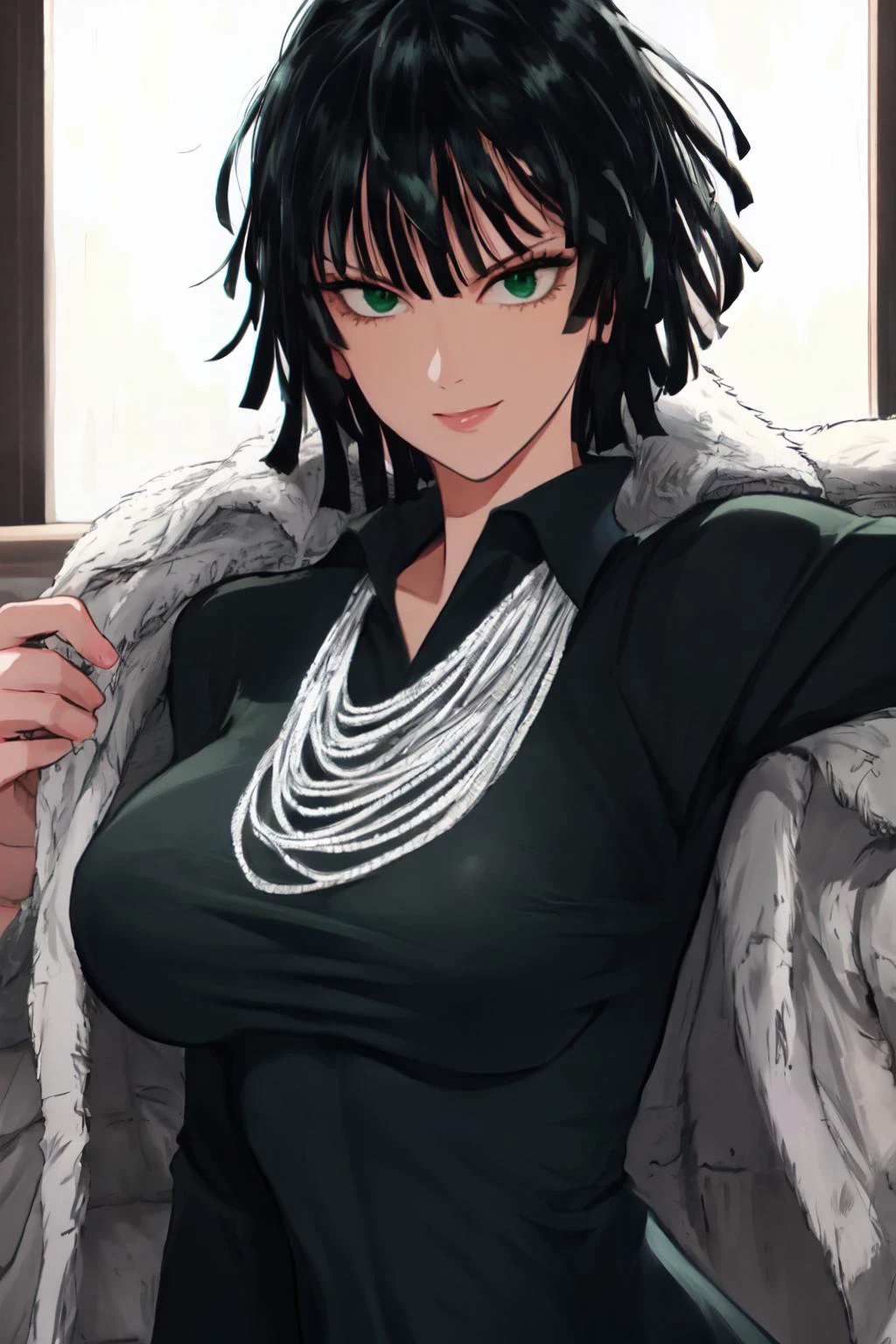 (best quality, masterpiece, RAW photo,ultra-detailed:1.2), 1girl,solo,looking at viewer,smile,
black hair, green eyes, short hair,black dress, dress, fur coat, high collar, jewelry, necklace, off shoulder, taut clothes, taut dress,huge breasts,