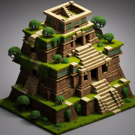 ((masterpiece,best quality)), absurdres <lora:Isometric_Setting:0.7>, Isometric_Setting,  miniature mayan temple, covered in mos...