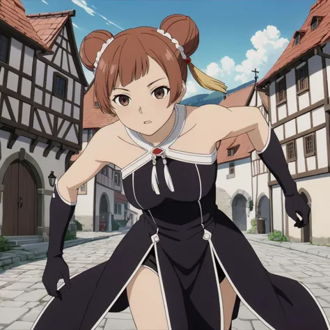 <lora:LaufenXL002>,<lora:DetailedEyes_V3:1.6>,looking at viewer,
solo,
anime screencap,
Laufen,1girl,brown hair,double bun,brown eyes,hair_ornament,
black dress,bare shoulders,
black gloves,
pelvic curtain,
boots,
medieval town,full body,running,motion lines,motion_blur,speed_lines,