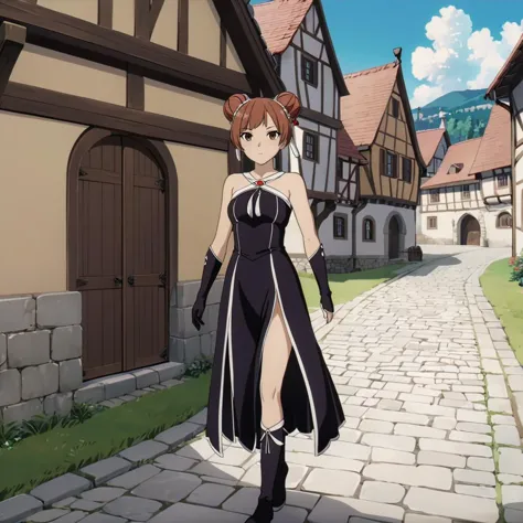 <lora:LaufenXL002>,<lora:DetailedEyes_V3:1.6>,looking at viewer,
solo,
anime screencap,
Laufen,1girl,brown hair,double bun,brown eyes,hair_ornament,
black dress,bare shoulders,
black gloves,
pelvic curtain,
boots,
medieval town,walking,full body,