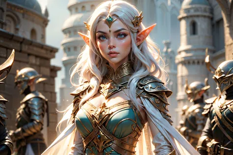 (masterpiece, best quality), a female elf warrior, standing, commanding, in front of elven army, weapons, <lora:ElvenArmor:0.7> ElAr, white dress, armor, ornate, intricate details, cinematic lighting, professional lighting, 8k ultra detailed, <lora:Numenor:0.7> Numenor, sky, background, outdoor, hyper realism