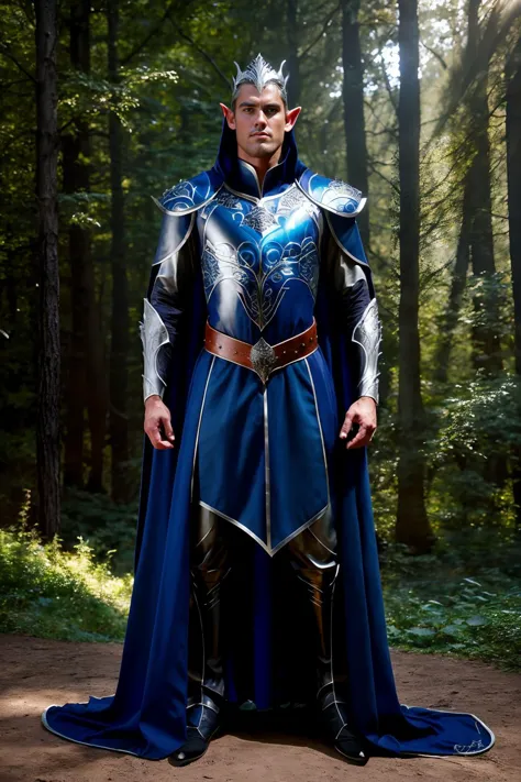 arafed male in a blue costume standing in a forest