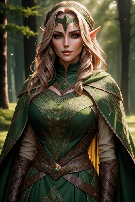 a portrait of a beautiful woman, wearing intricate green and brown  armor, headband, embroidered cloak, elar, <lora:ElvenArmor-10:0.75>, happy, dynamic lighting,, volumetric lighting,