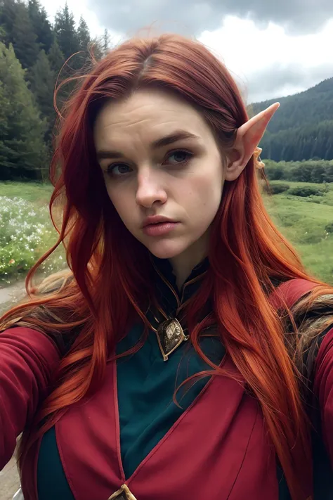 a woman with red hair and elf ears taking a selfie